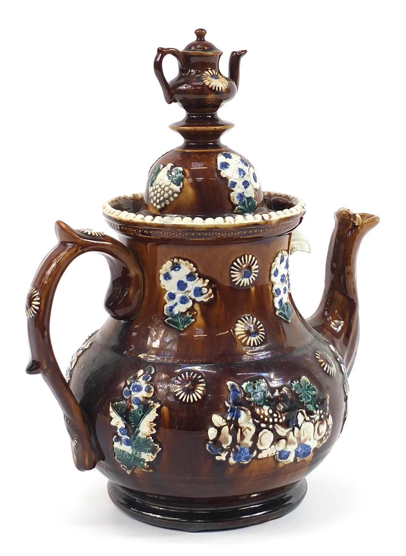 Large Measham treacle glazed Bargeware teapot inscribed J Johnson Burton on Trent 1892, 33cm high - Image 2 of 3