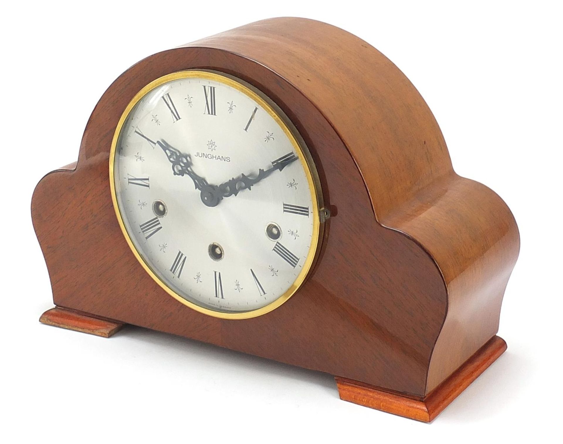 Junghans, German Art Deco style Westminster chiming mantle clock with Roman numerals, 30.5cm wide