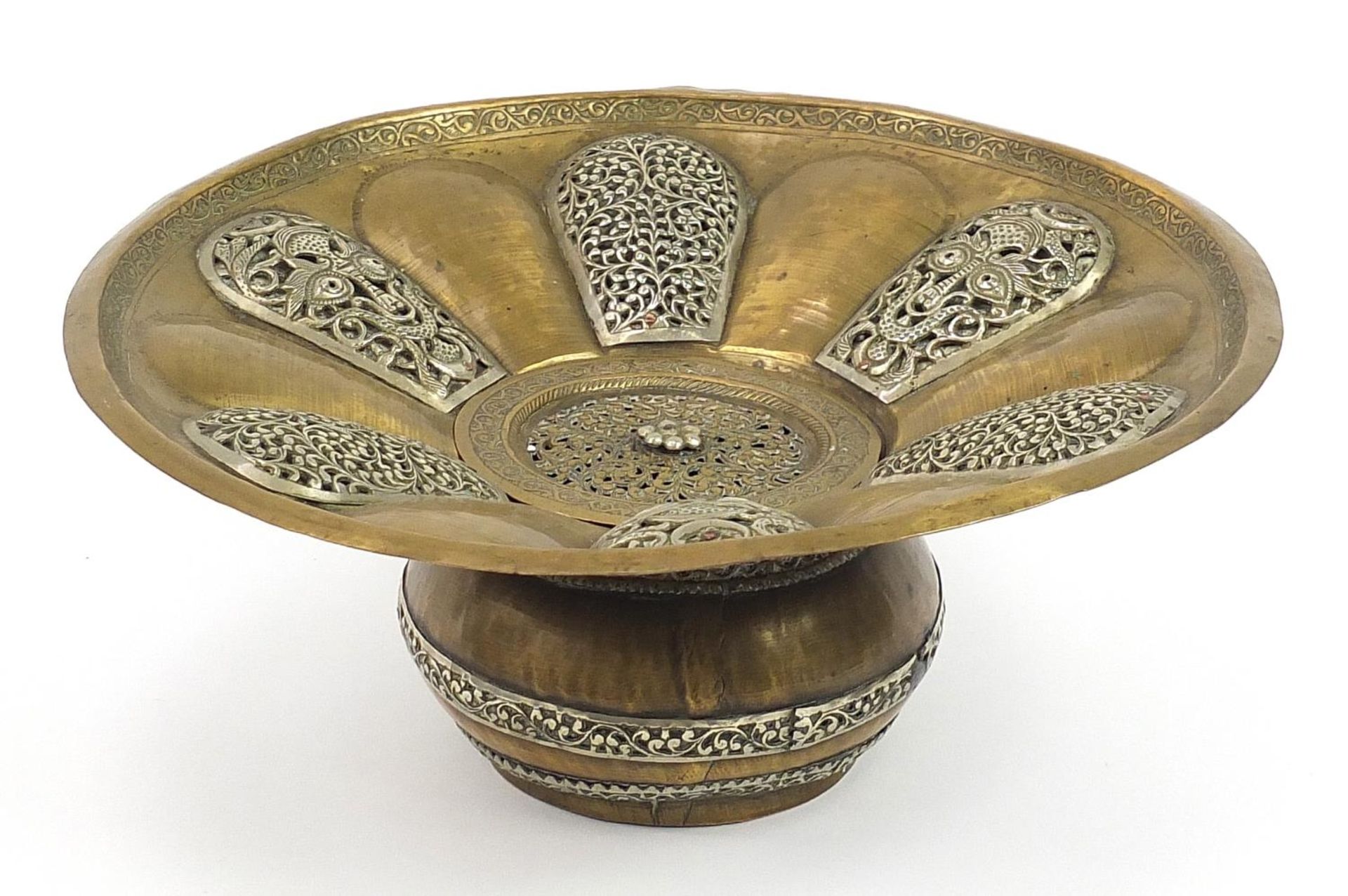 Islamic bronze incense burner with silver overlay and pierced lid, 31cm in diameter