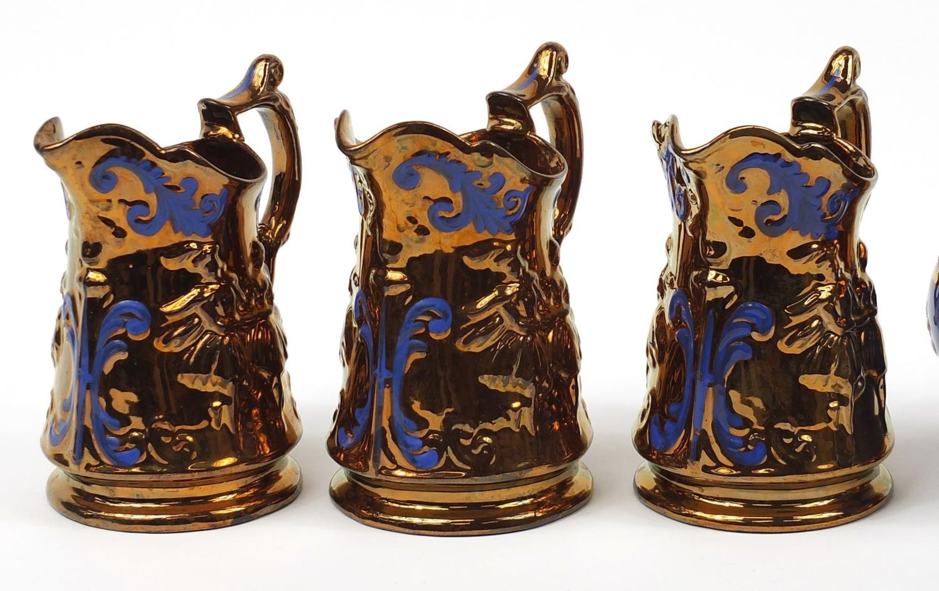 Five Victorian lustre jugs including one hand painted with flowers, the largest 19.5cm high - Image 2 of 5