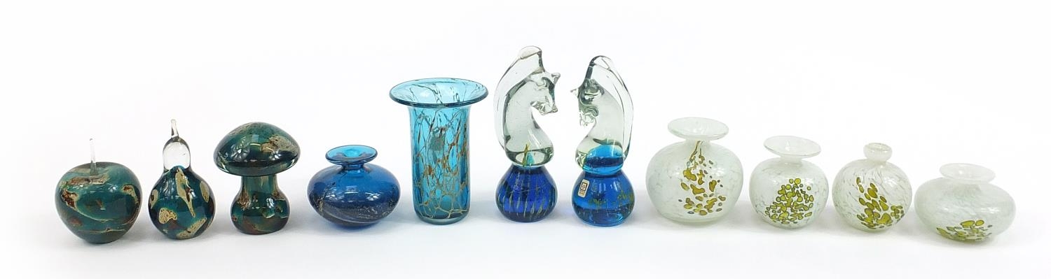 Mdina glass paperweights and vases including two seahorse paperweights, the largest 16cm high