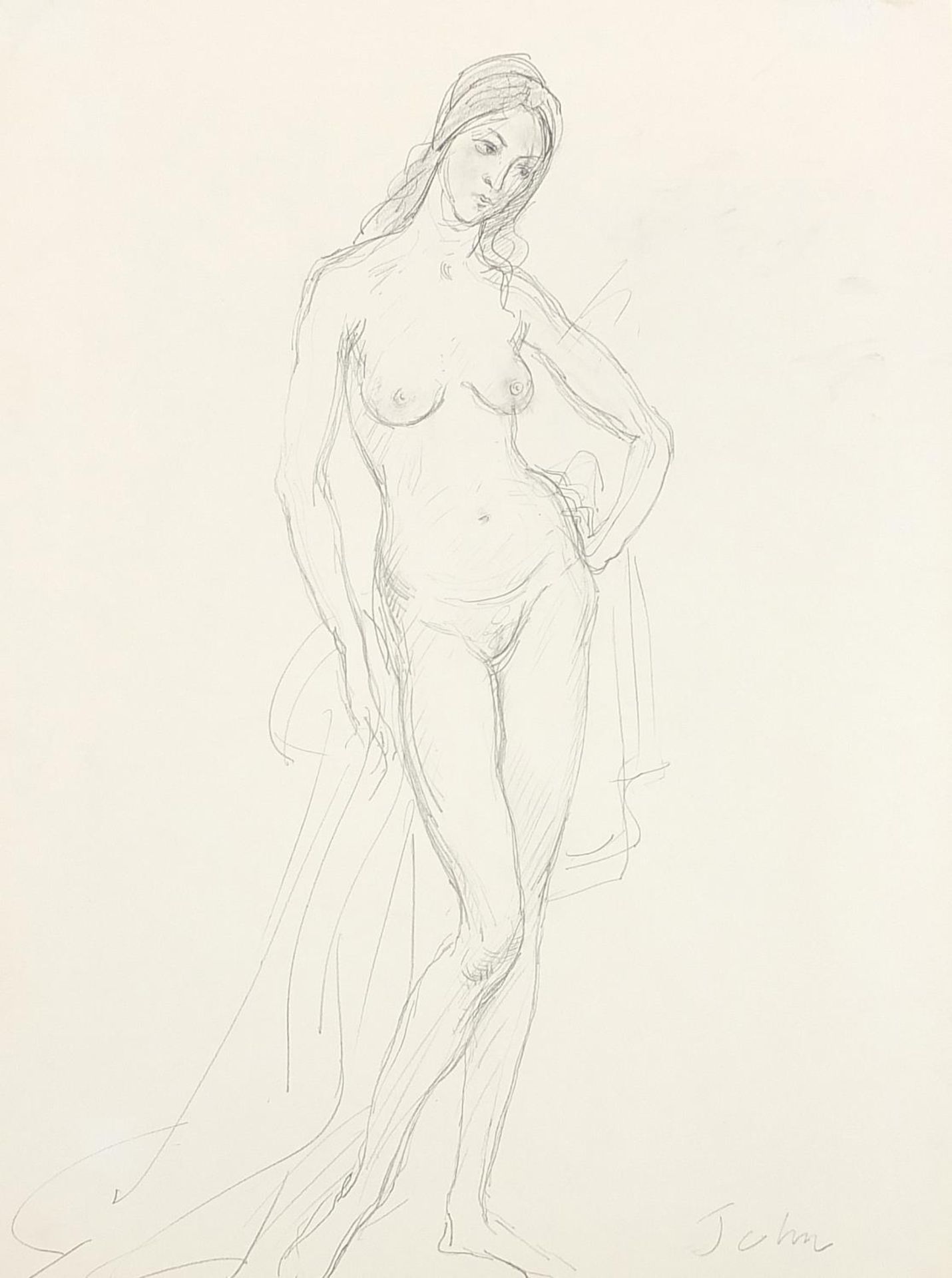 Attributed to Augustus John - Standing nude female, pencil drawing on card, mounted, unframed,