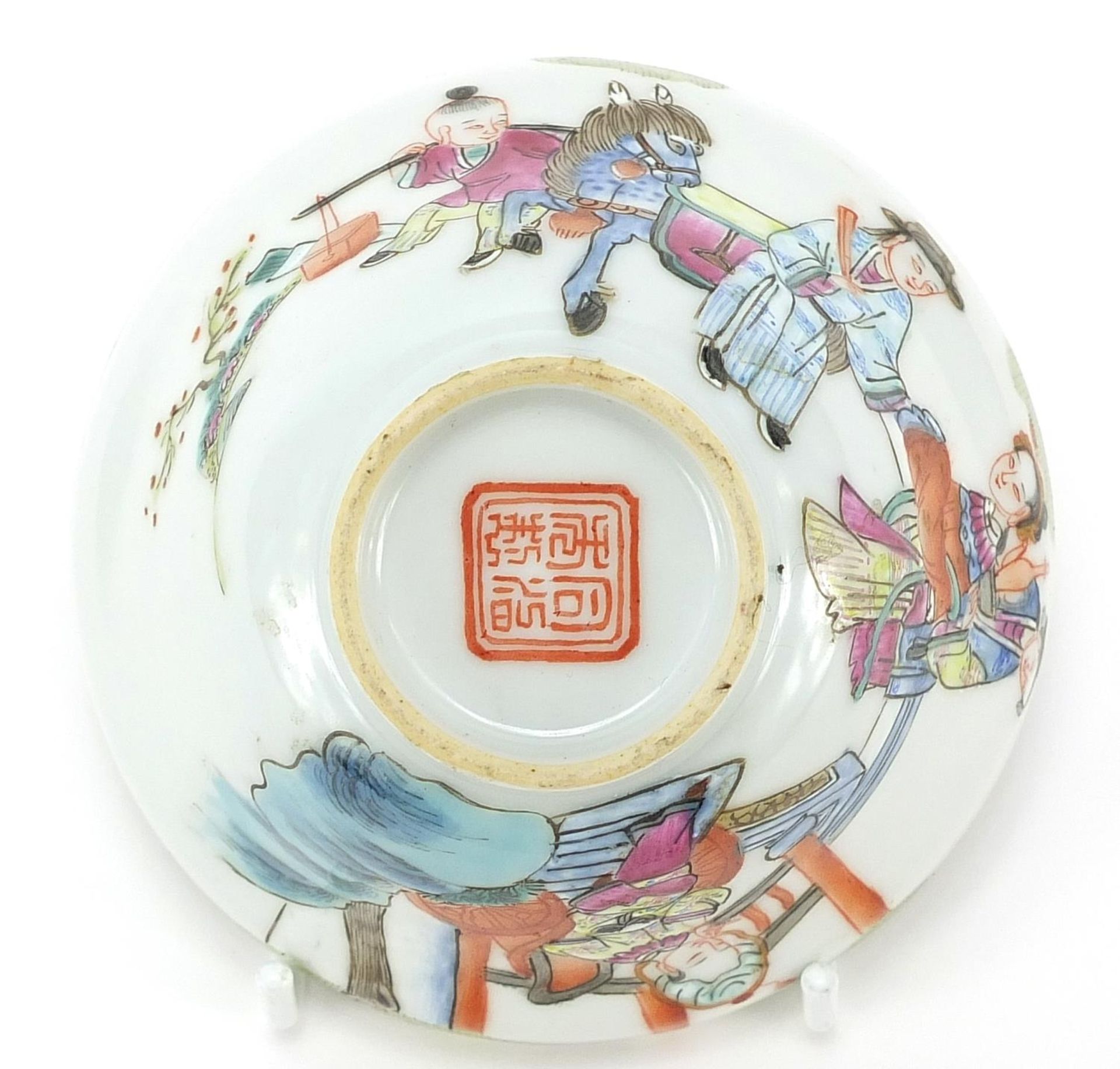 Chinese porcelain bowl hand painted in the famille rose palette with figures in a palace setting, - Image 3 of 3