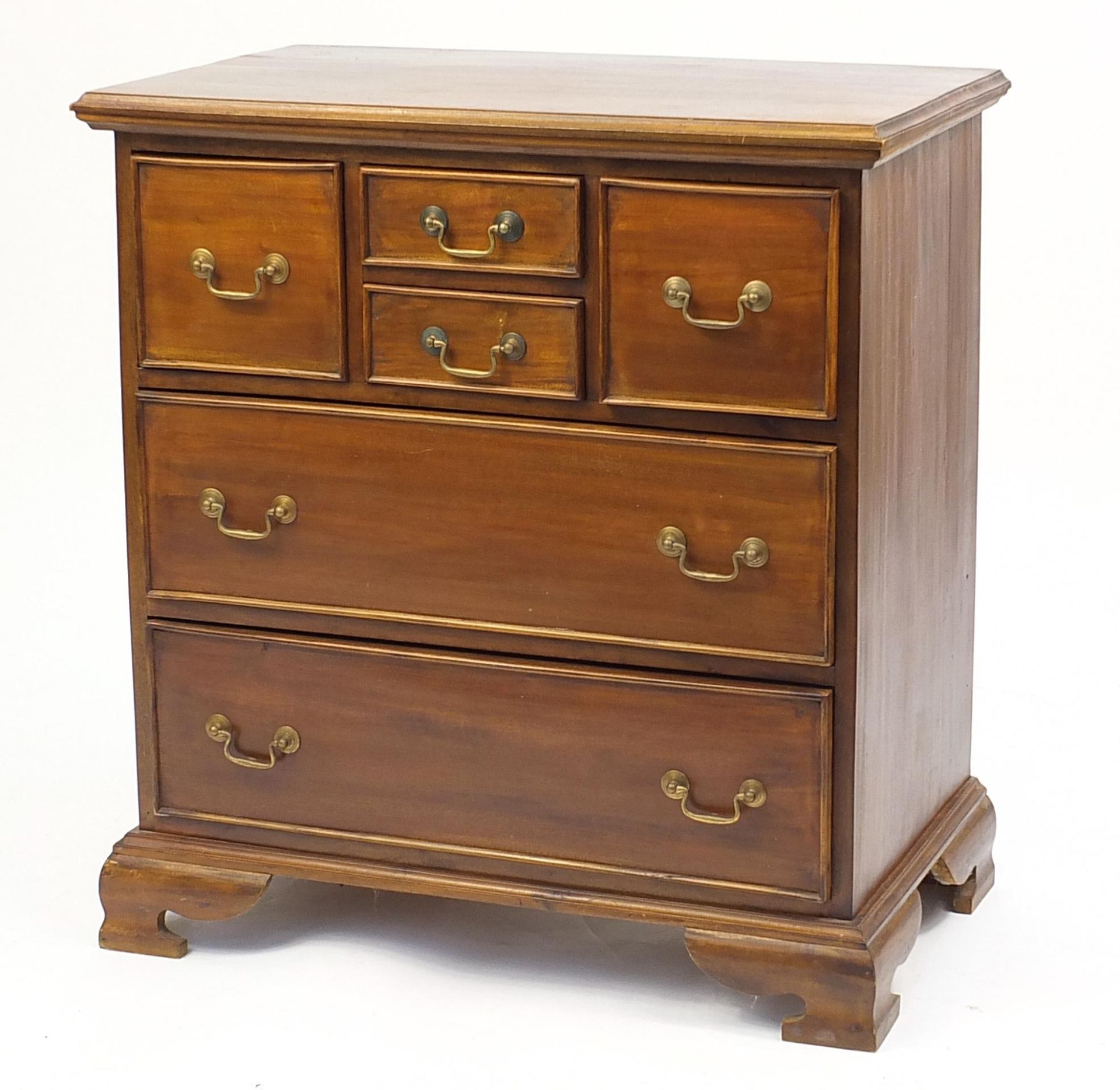Mahogany five drawer chest with brass handles, 87cm H x 81cm W x 46cm D