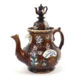 Large Measham treacle glazed Bargeware teapot inscribed J Johnson Burton on Trent 1892, 33cm high