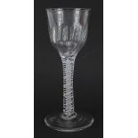 18th century wine glass with multiple opaque twist stem and writhen bowl, 14cm high