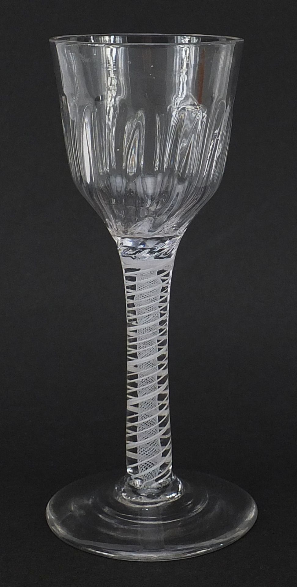 18th century wine glass with multiple opaque twist stem and writhen bowl, 14cm high