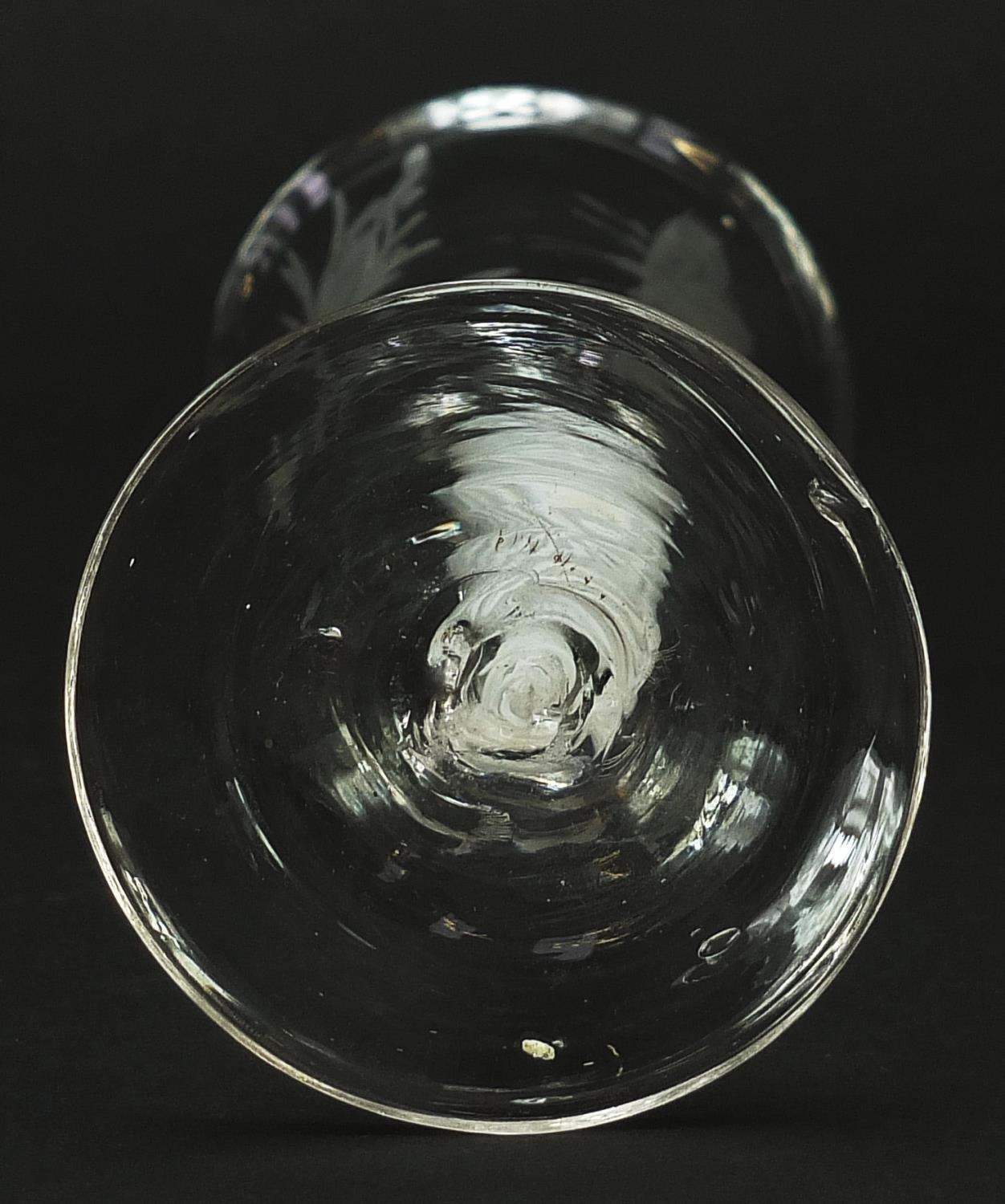 18th century wine glass with etched bell shaped bowl and multiple opaque twist stem, 16cm high - Image 3 of 3