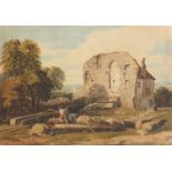 Attributed to of William Havell - Figures logging by ruins, watercolour on card, inscribed Lent to