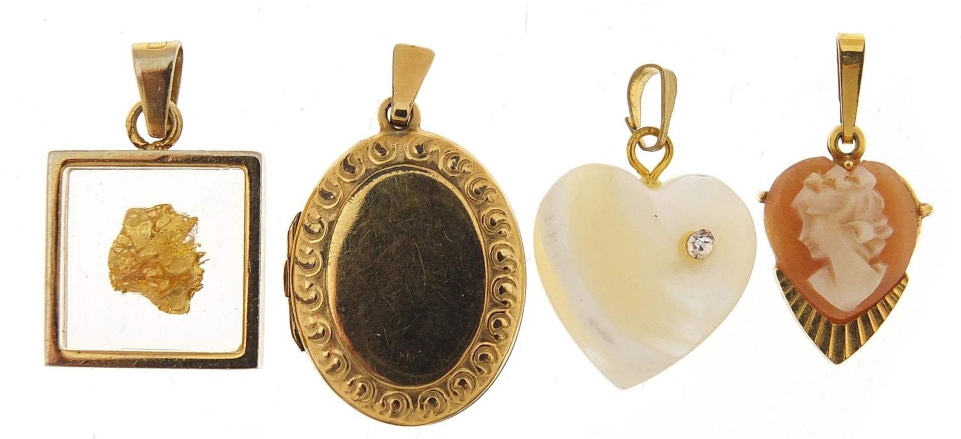 Three gold coloured pendants and a rolled gold locket including a cameo, the largest 2.8cm high,