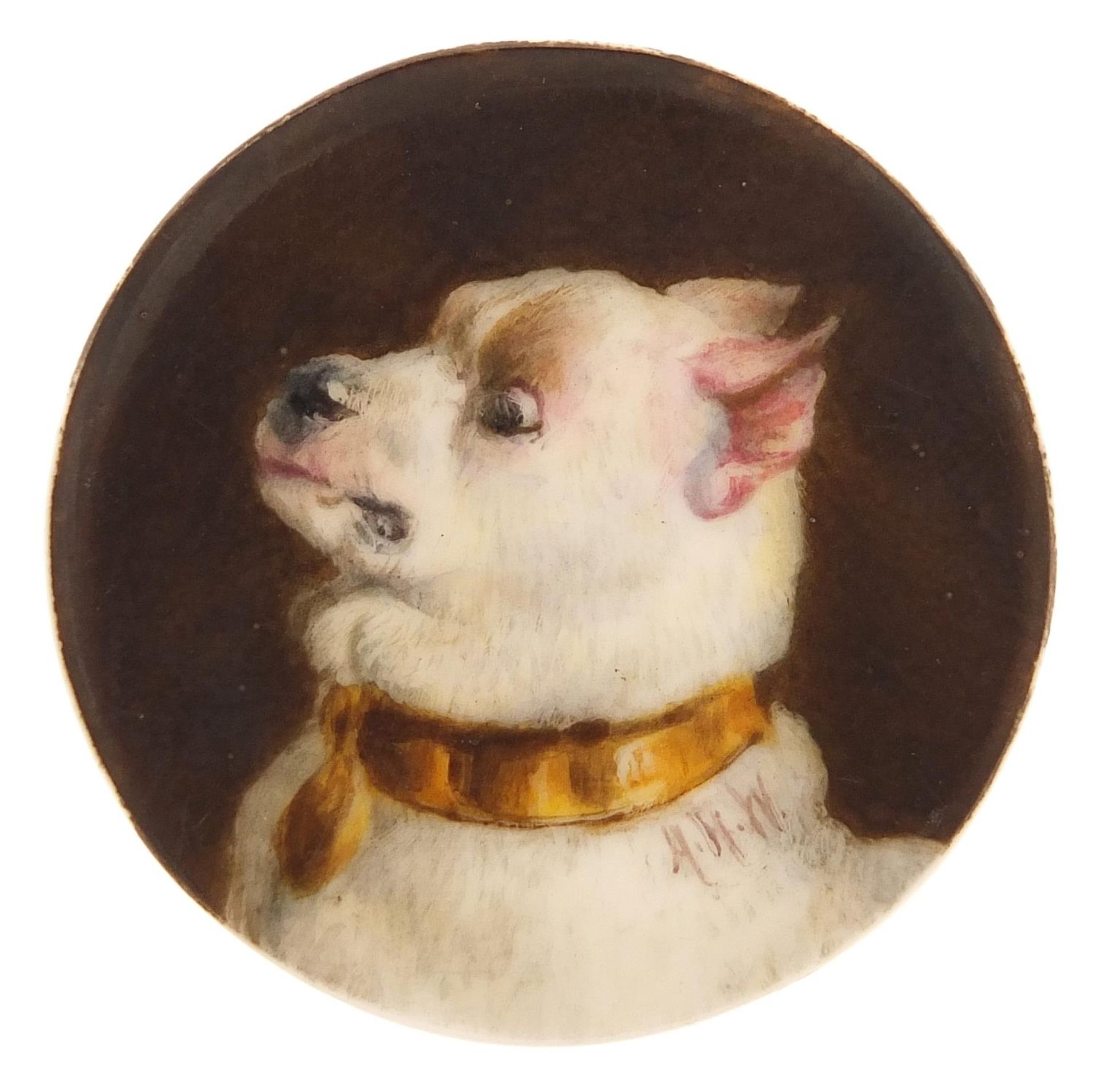 Victorian circular porcelain plaque hand painted with a Chihuahua, signed with monogram A H W and
