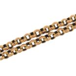 Unmarked gold Belcher link Longuard chain, tests as 9ct gold, 140cm in length, 30.8g