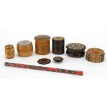 Victorian treen objects including early Tunbridge Ware barrel, Tunbridge Ware button, Mauchline Ware