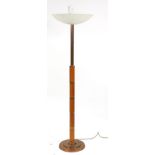 Art Deco copper and amber coloured uplighter standard lamp with glass shade, 166cm high