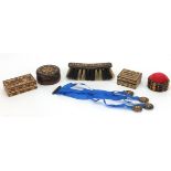 Victorian Tunbridge Ware with micro mosaic inlay comprising comprising pin cushion, talisman,