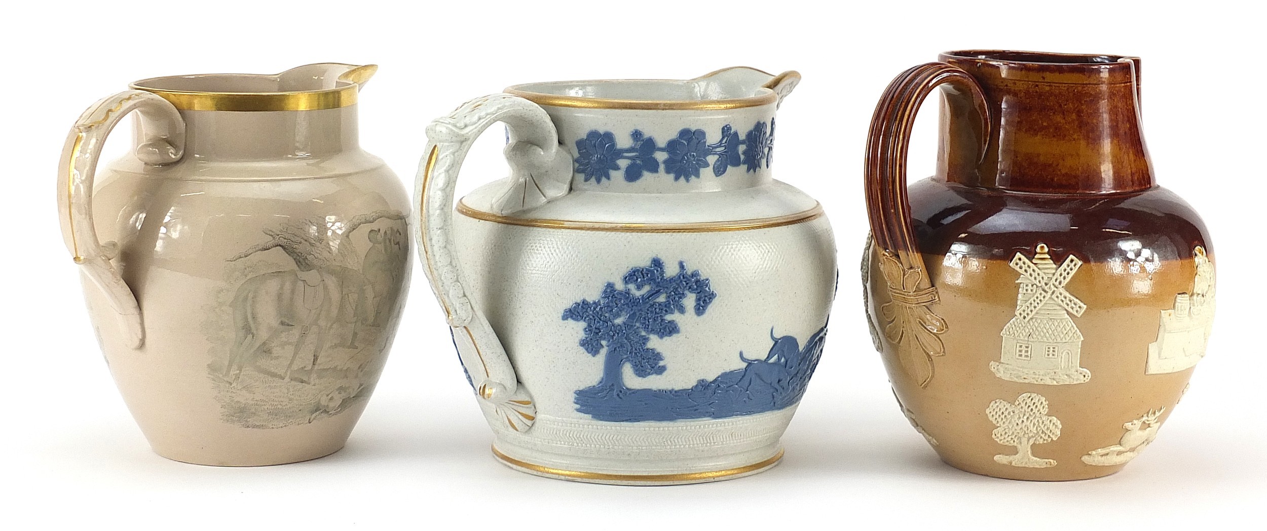 Three 19th century and later hunting interest jugs including an example with applied sprigging, - Image 2 of 4