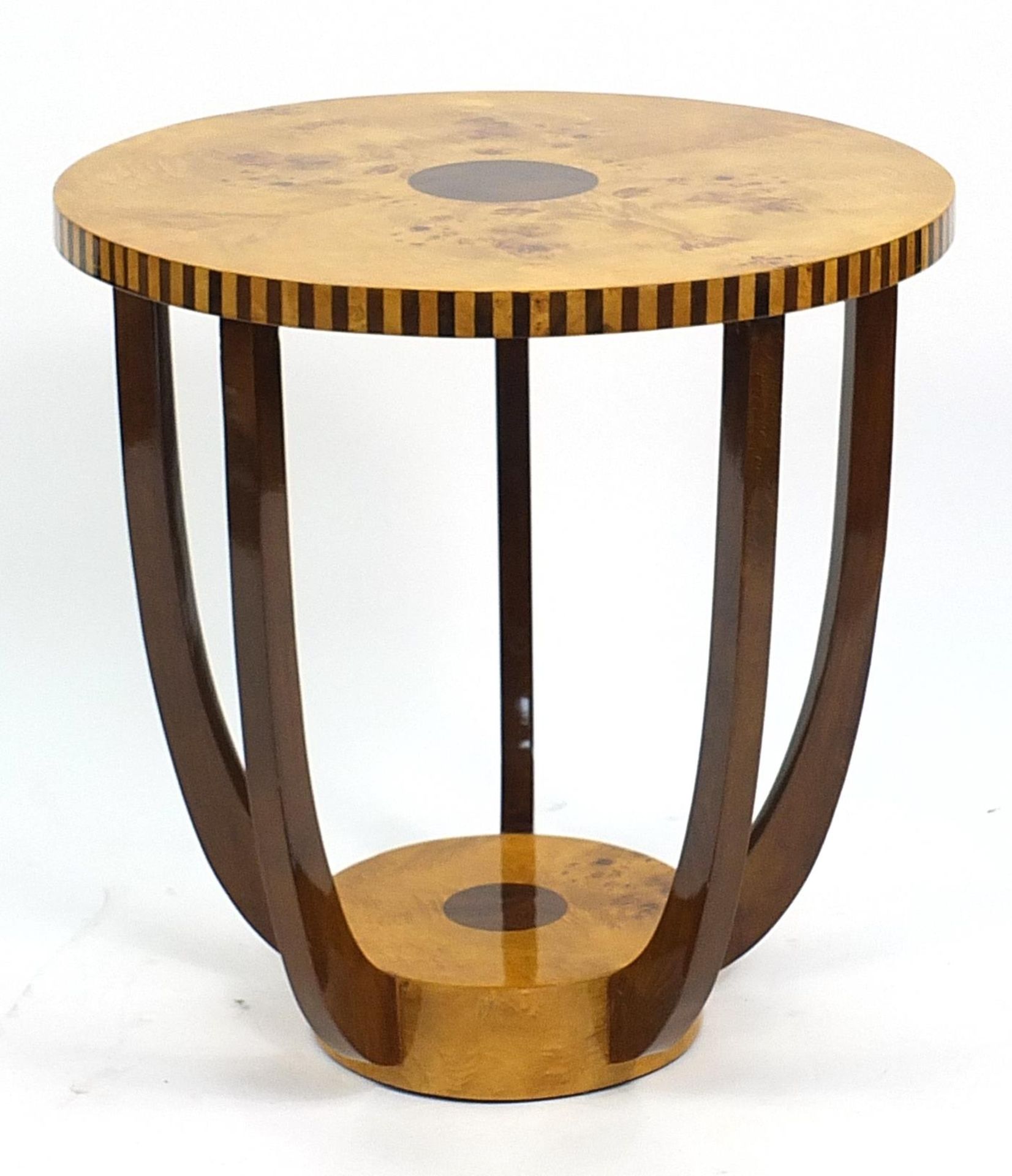 Art Deco style bird's eye maple and walnut effect occasional table with under tier, 60cm high x 59. - Bild 3 aus 3