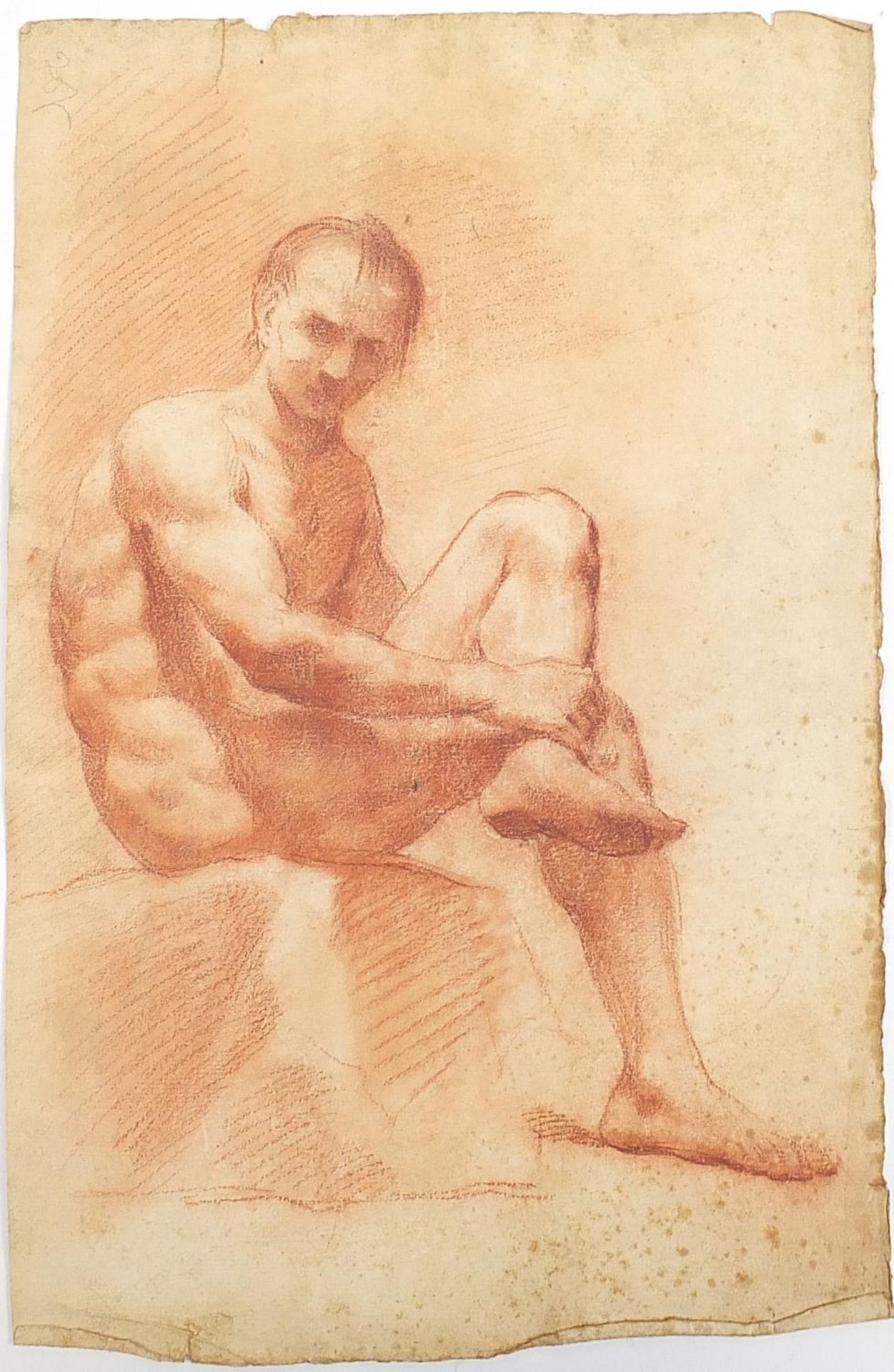 Seated nude man and study of a hand, two sanguine chalk drawings, unframed, the largest 43cm x 28cm - Image 6 of 7