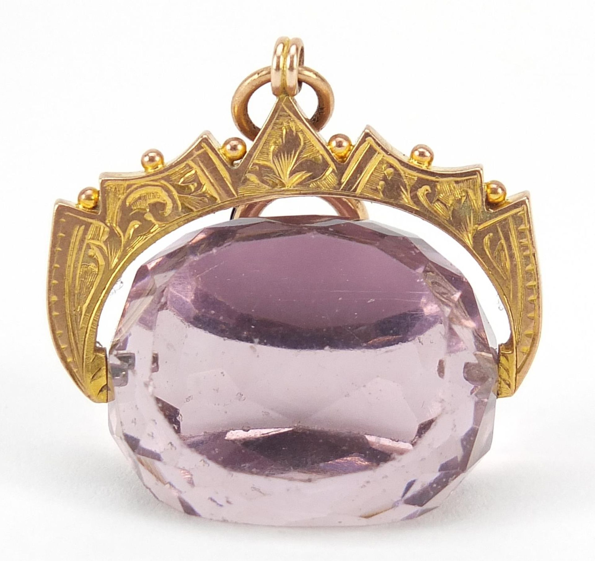 Edwardian 9ct gold amethyst spinner fob, Chester 1910, 3.2cm wide, 12.9g - Image 2 of 4