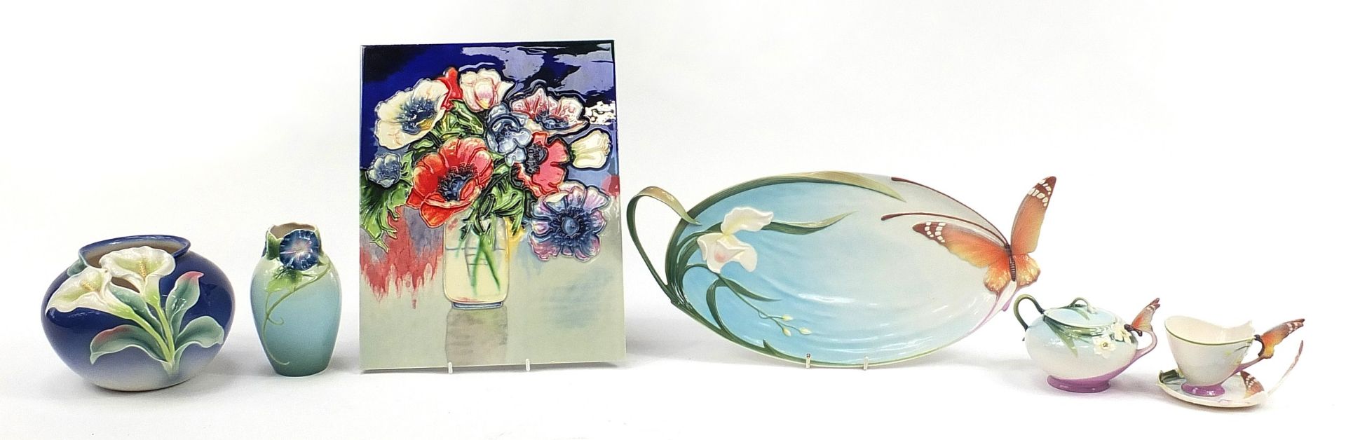 Franz porcelain and a Moorcroft style plaque, some with boxes including butterfly cup and saucer, - Image 2 of 7