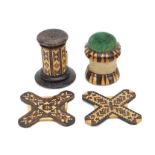 Victorian Tunbridge Ware sewing objects with micro mosaic inlay comprising two cotton reel