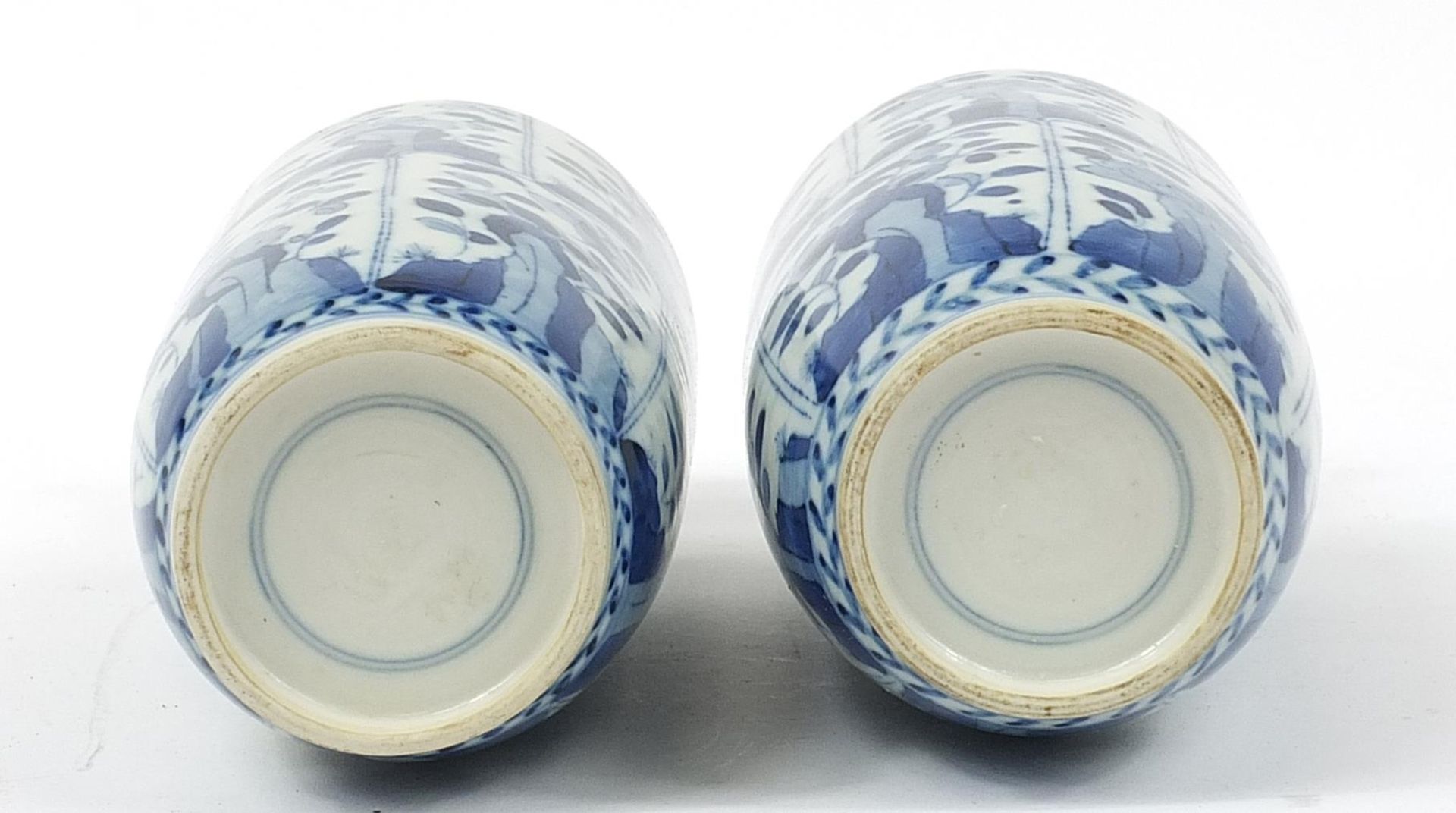 Pair of Chinese blue and white porcelain vases hand painted with panels of flowers, Kangxi blue ring - Image 3 of 3