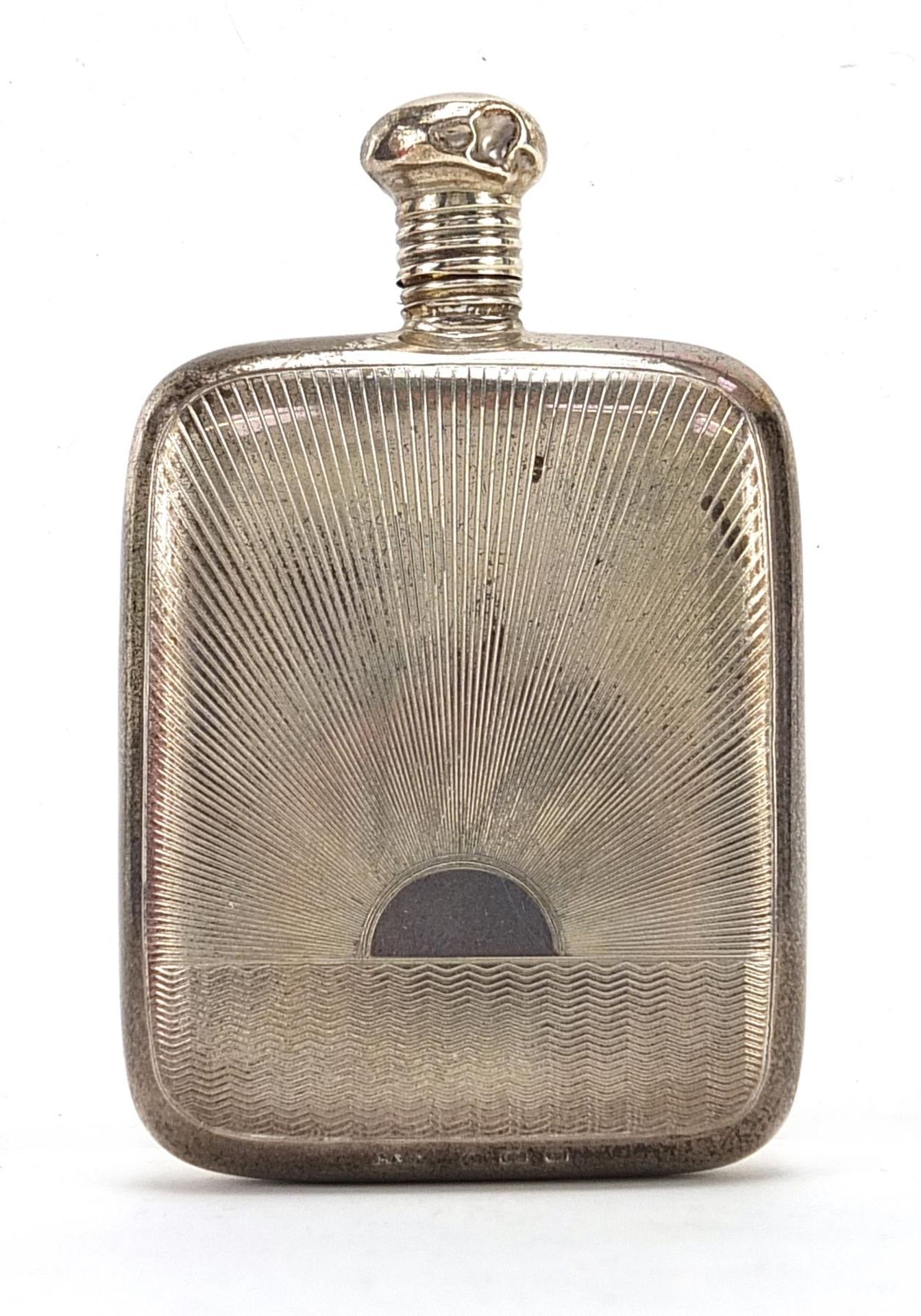 A & J Zimmerman Ltd, Art Deco silver hip flask with engine turned decoration, Birmingham 1924, 7.5cm - Image 2 of 3