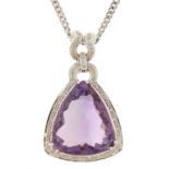 Large 18ct white gold amethyst and diamond pendant on an 18ct white gold necklace with silver clasp,