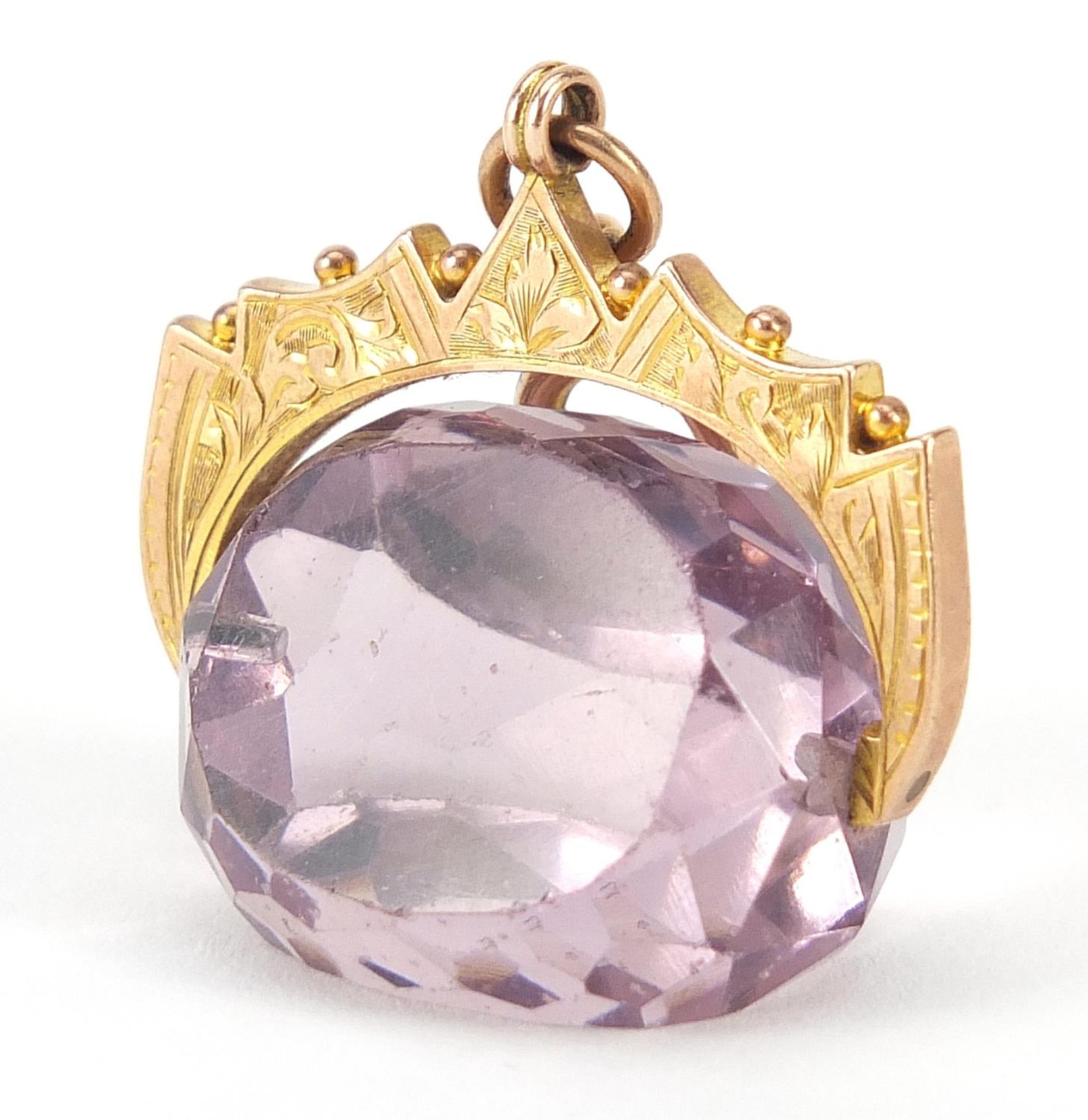 Edwardian 9ct gold amethyst spinner fob, Chester 1910, 3.2cm wide, 12.9g