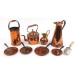 Antique copper items and a fish slice with silver mounts including kettle, flagon and graduated