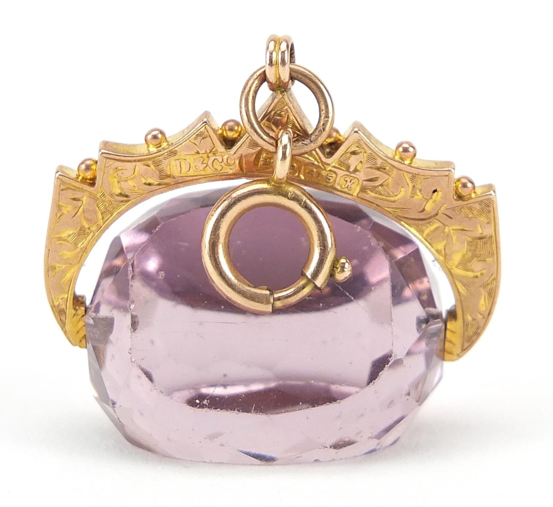 Edwardian 9ct gold amethyst spinner fob, Chester 1910, 3.2cm wide, 12.9g - Image 3 of 4