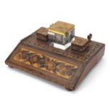 Victorian rosewood Tunbridge Ware desk stand with micro mosaic floral inlay, glass inkwell and two