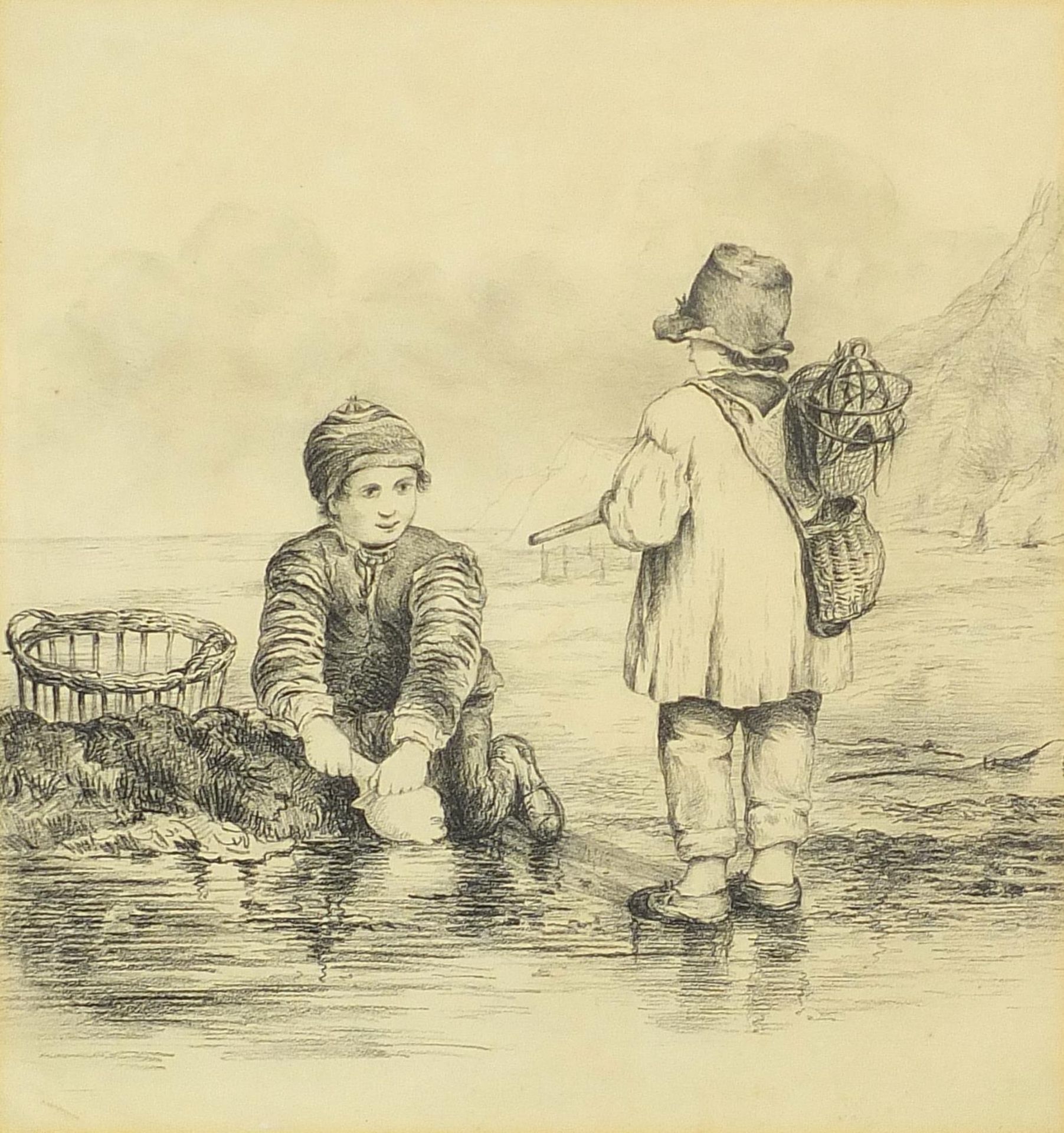 Two children crabbing on a beach, charcoal, mounted, framed and glazed, 31cm x 28.5cm excluding