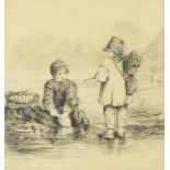 Two children crabbing on a beach, charcoal, mounted, framed and glazed, 31cm x 28.5cm excluding