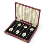 Henry Clifford Davis, set of six silver and enamel teaspoons with fitted box, retailed by Johnston &