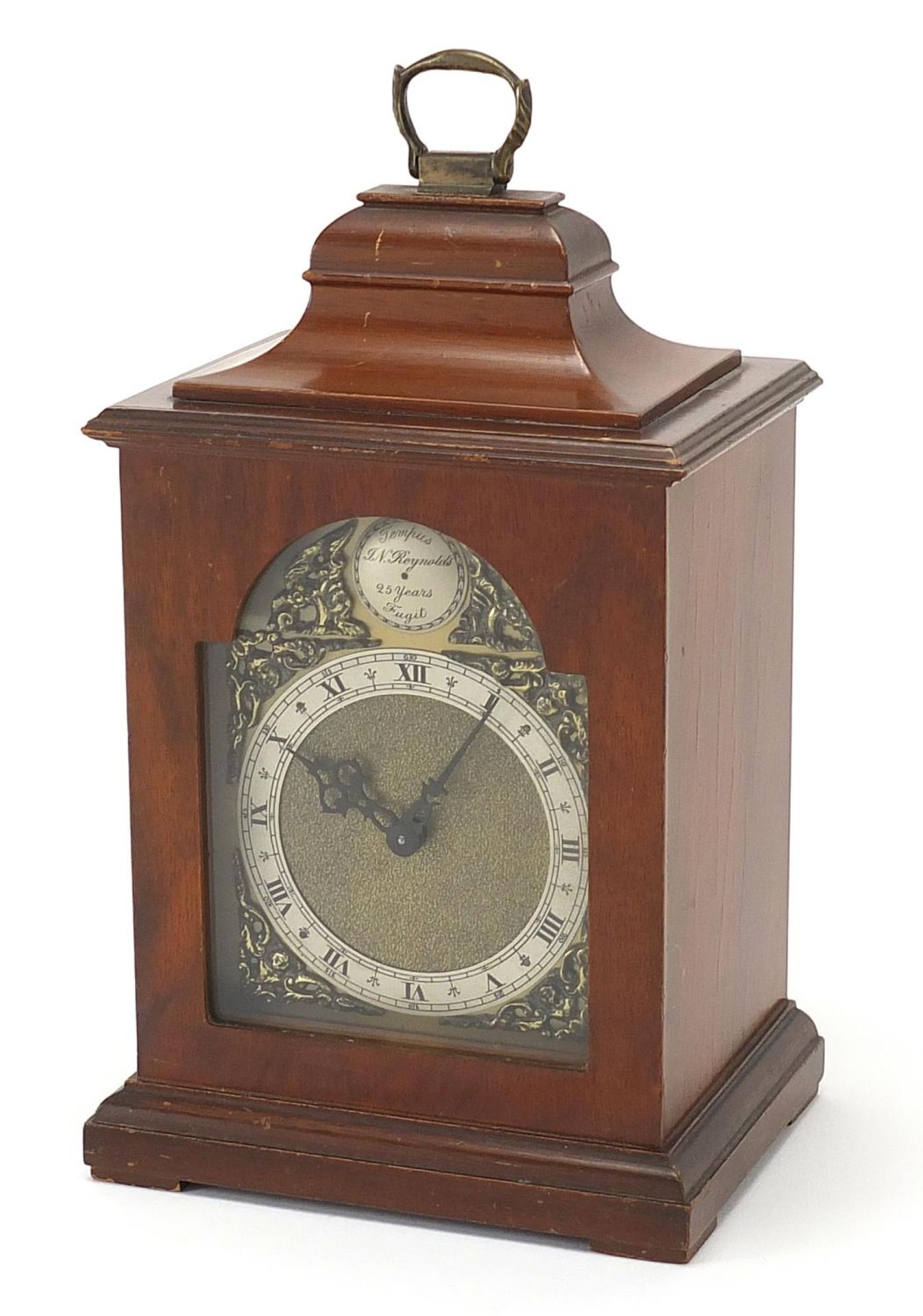 Tempus Fugit mahogany cased mantle clock inscribed J N Reynolds 25 years, 23cm high