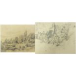 Manner of John Constable - Bridge over water and buildings, two 19th century pencil drawings on