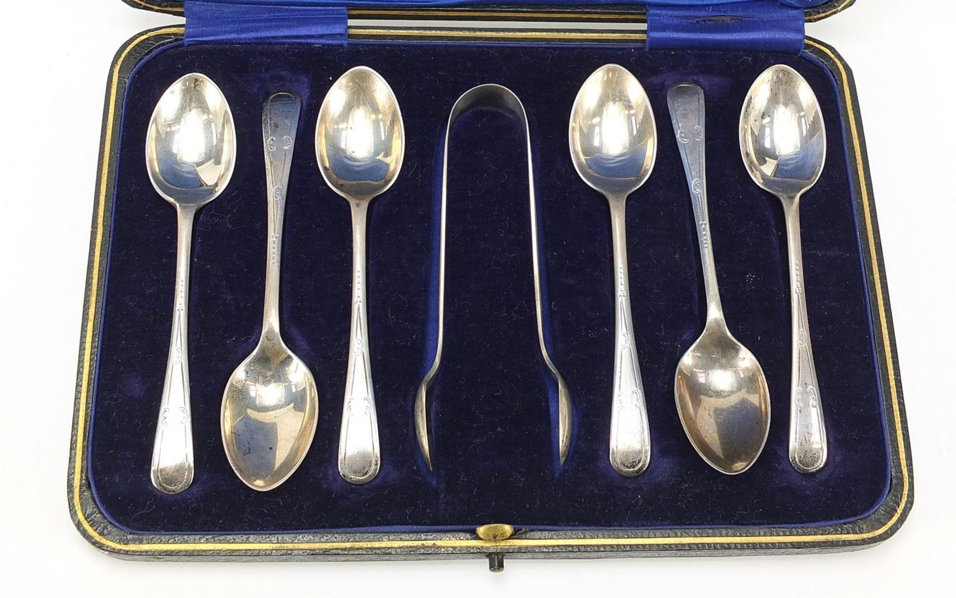 W S Savage & Co, set of six silver teaspoons and sugar tongs housed in a fitted case, Sheffield - Image 2 of 6