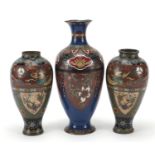 Three Japanese cloisonne vases including a pair the largest 25cm high