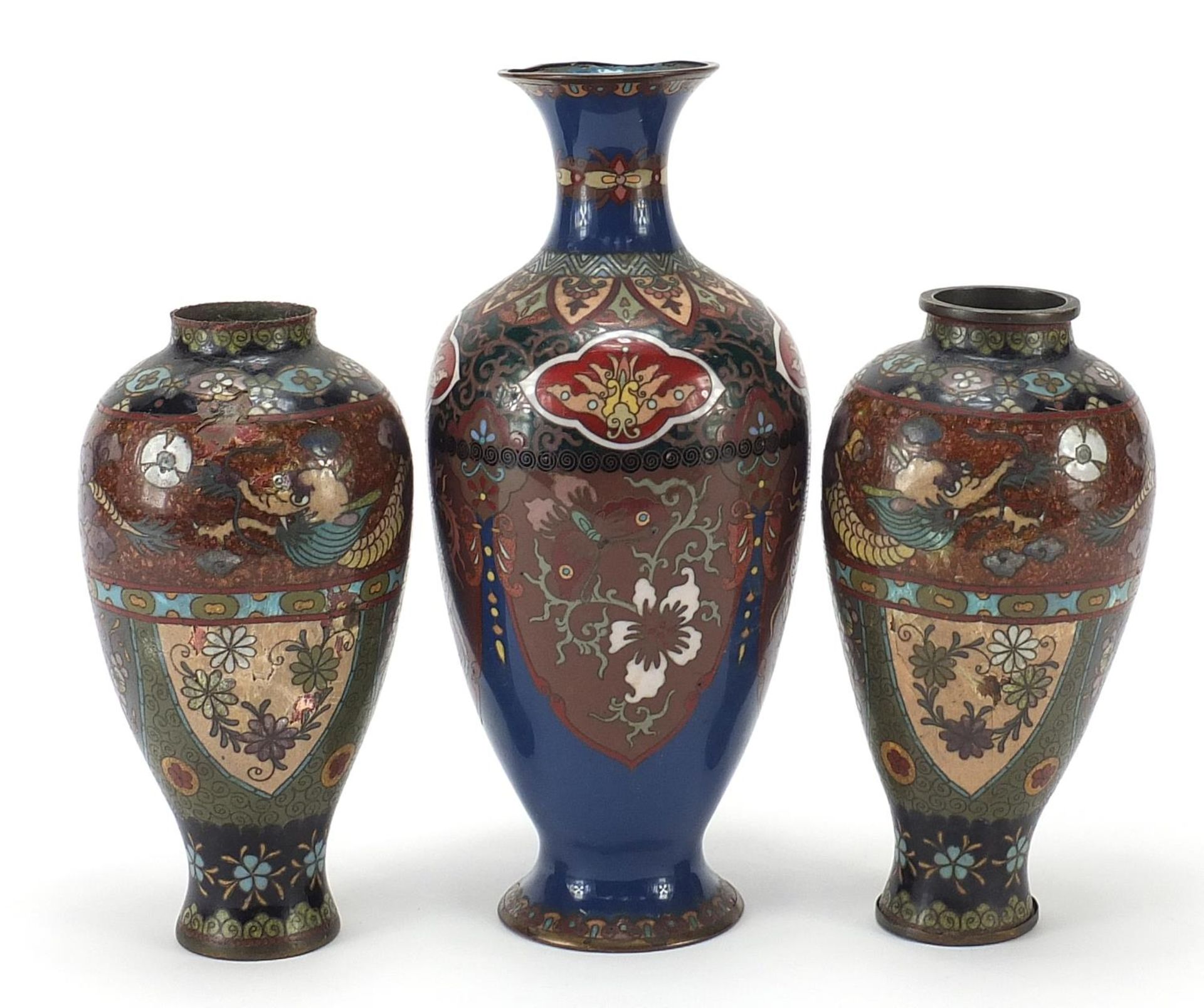 Three Japanese cloisonne vases including a pair the largest 25cm high