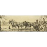 WG Hofker - Draymen unloading horse and cart before canal, Continental etching in white painted