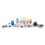 Colourful art glassware and paperweights including three Caithness vases, Phoenician and Langham,