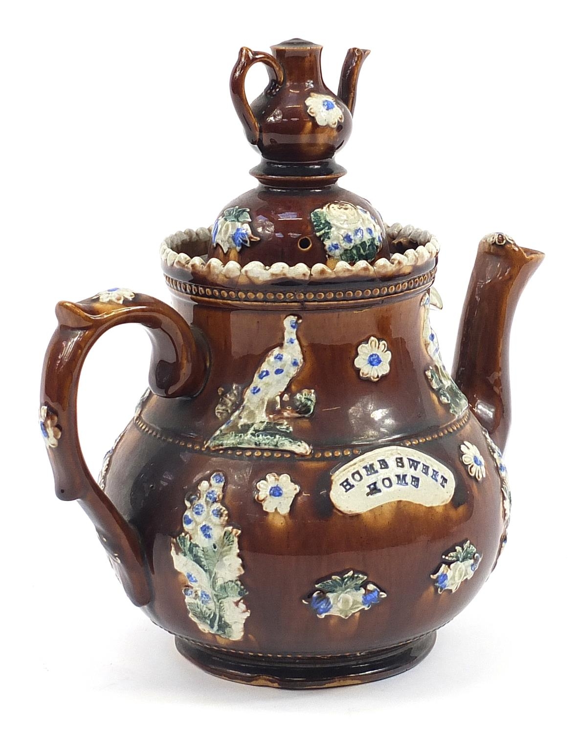 Large Measham treacle glazed Bargeware teapot inscribed A present from Mrs Whittaker to Mrs - Image 2 of 3