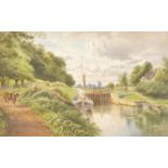 Canal lock with figures, 19th century watercolour, monogrammed S T and inscribed verso Harry Sleath,