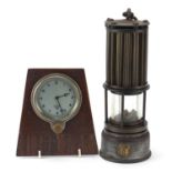 Vintage Smiths car clock and The Premier miners lamp, the largest 28cm high