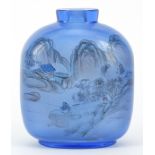 Chinese blue glass scent bottle internally hand painted with a fisherman before mountains, 8.5cm