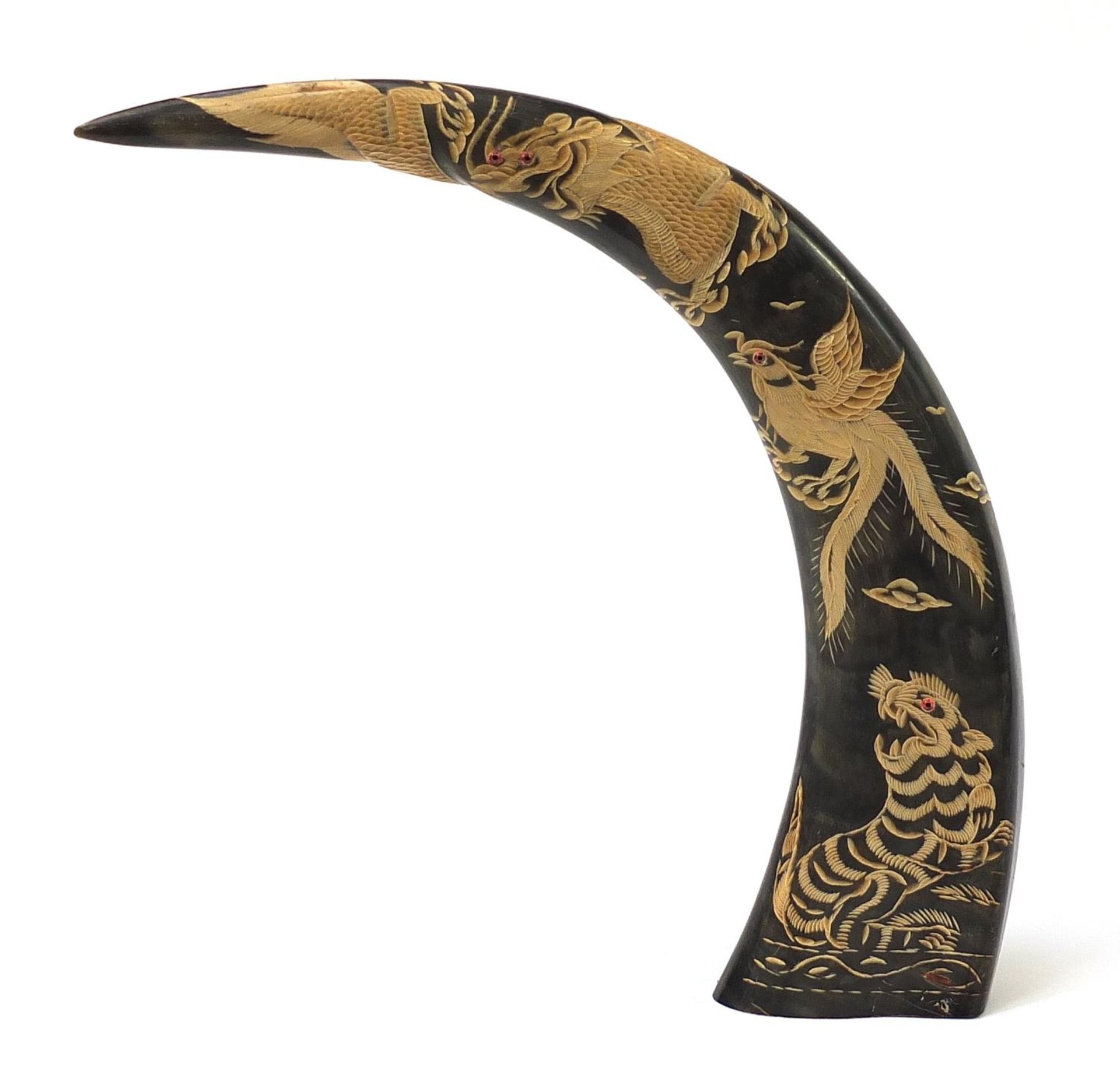 Large Chinese buffalo carved horn, 41cm high