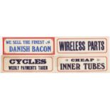 Four vintage lithographic shop advertising signs printed and sold by Samuel Reeves Ltd of Kings