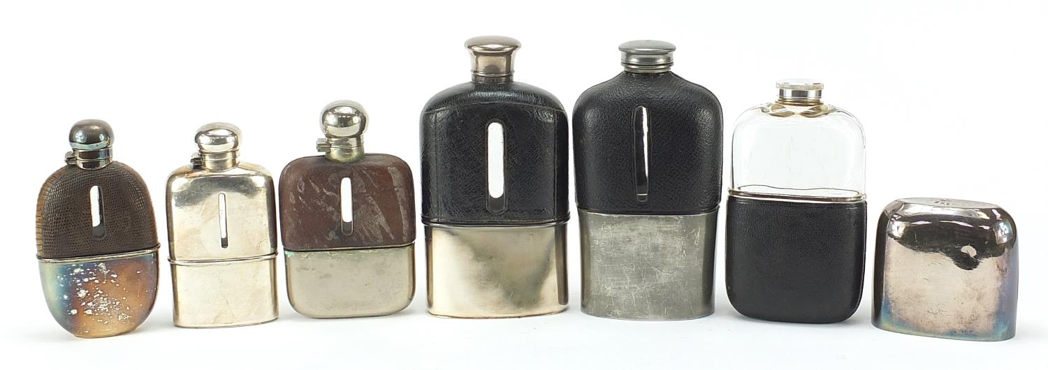 Six antique and later hip flasks, five with leather mounts, the largest 18cm high - Image 4 of 8
