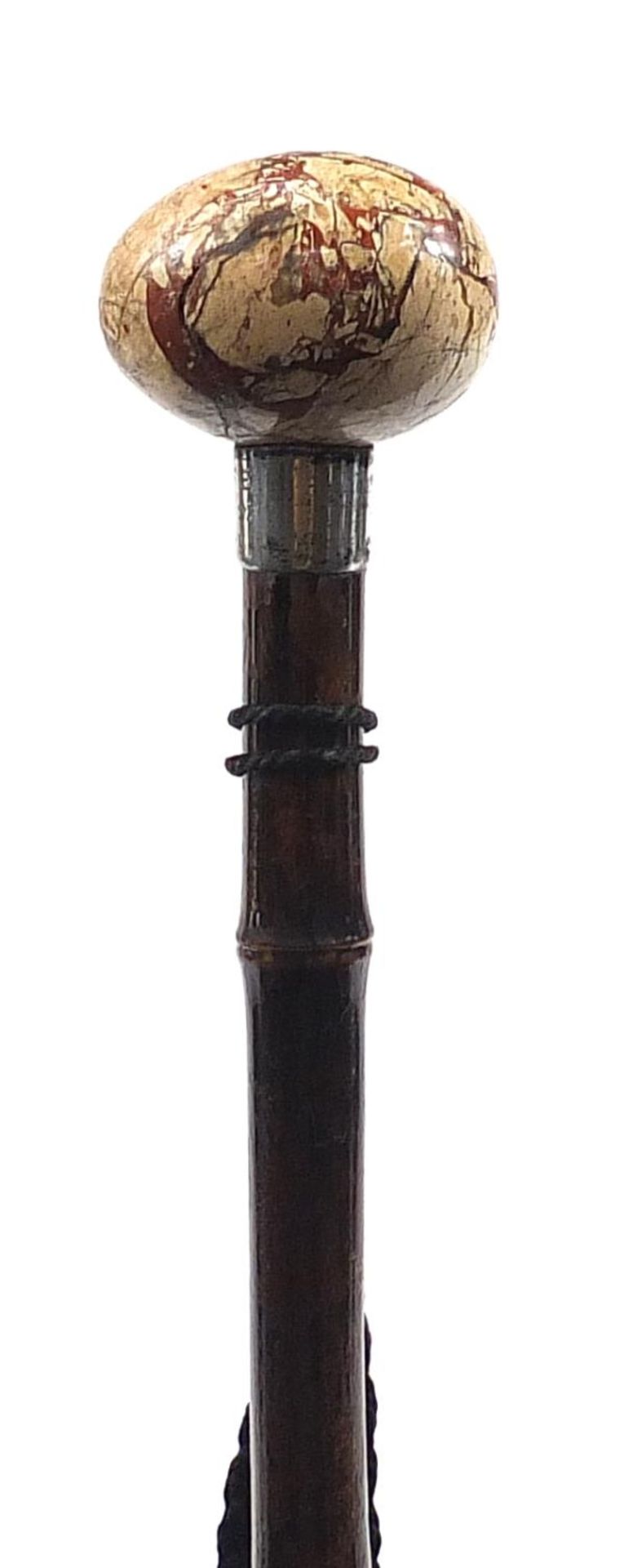 Victorian Brigg bamboo parasol with silver collar and marble egg design pommel, 91cm in length